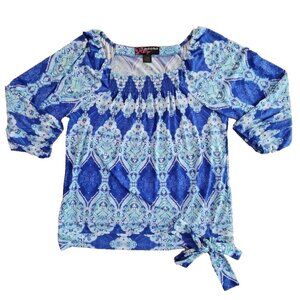 Peck & Peck Top Women’s Blue Geo Print 3/4 Sleeve Square Elastic Neck Tie Waist